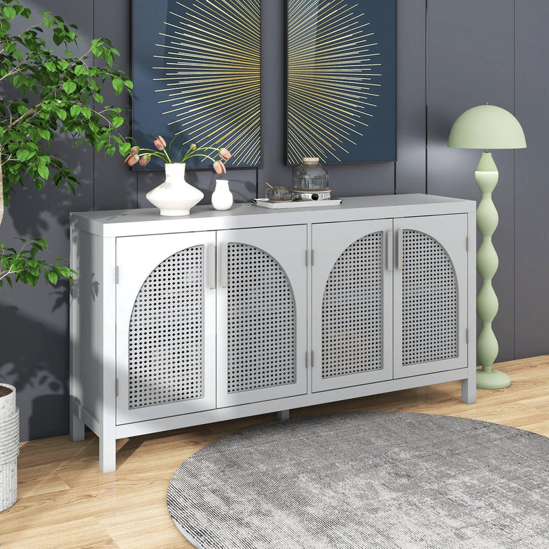 TREXM Large Storage Space Sideboard with Artificial Rattan Door and Metal Handles for Living Room and Entryway (Gray) - Supfirm