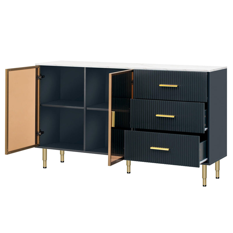 TREXM Modern Sideboard MDF Buffet Cabinet Marble Sticker Tabletop and Amber-yellow Tempered Glass Doors with Gold Metal Legs & Handles (Navy Blue) - Supfirm
