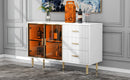 TREXM Modern Sideboard MDF Buffet Cabinet Marble Sticker Tabletop and Amber-yellow Tempered Glass Doors with Gold Metal Legs & Handles (White) - Supfirm