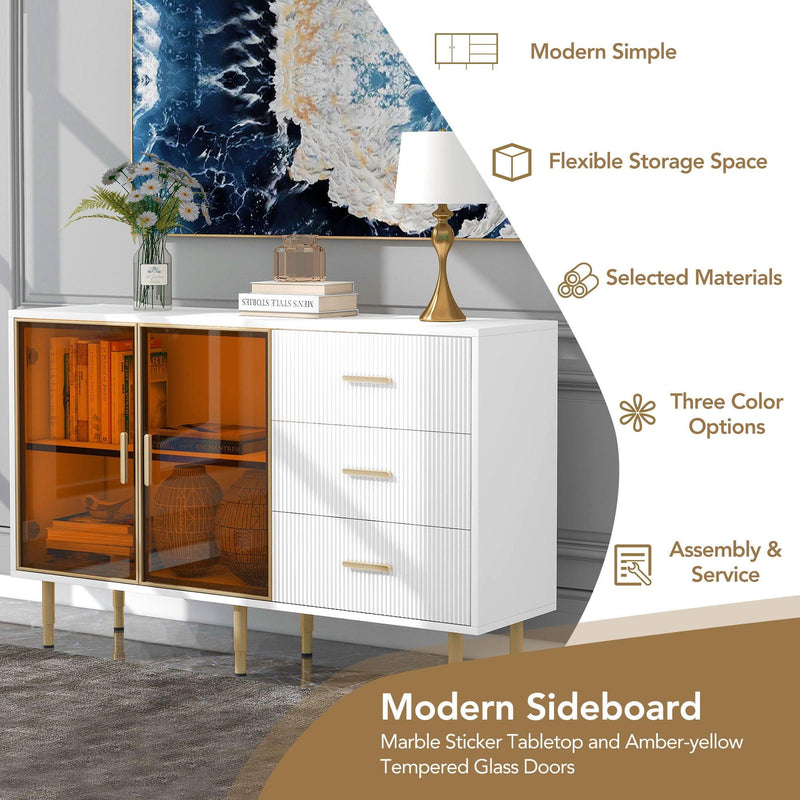 TREXM Modern Sideboard MDF Buffet Cabinet Marble Sticker Tabletop and Amber-yellow Tempered Glass Doors with Gold Metal Legs & Handles (White) - Supfirm