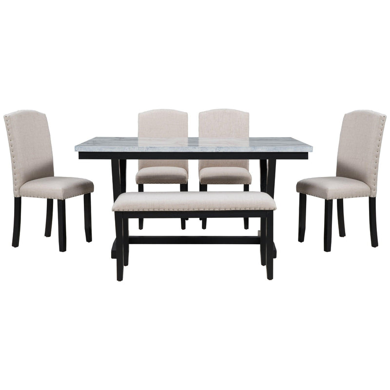 TREXM Modern Style 6-piece Dining Table with 4 Chairs & 1 Bench, Table with Marbled Veneers Tabletop and V-shaped Table Legs (White) - Supfirm