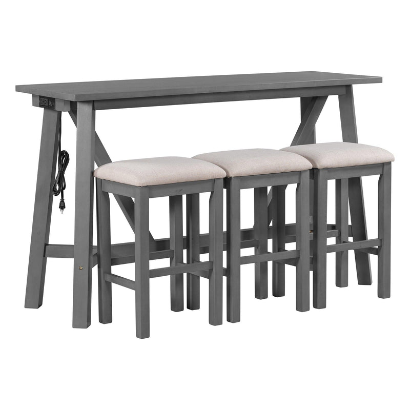 TREXM Multipurpose Home Kitchen Dining Bar Table Set with 3 Upholstered Stools(Gray) - Supfirm