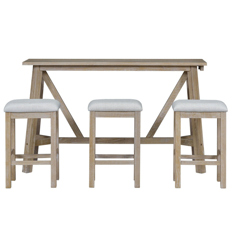 TREXM Multipurpose Home Kitchen Dining Bar Table Set with 3 Upholstered Stools(Natural Wood Wash) - Supfirm