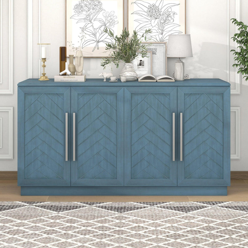 TREXM Sideboard with 4 Doors Large Storage Space Buffet Cabinet with Adjustable Shelves and Silver Handles for Kitchen, Dining Room, Living Room (Antique Blue) - Supfirm