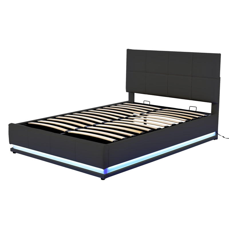 Tufted Upholstered Platform Bed with Hydraulic Storage System,Queen Size PU Storage Bed with LED Lights and USB charger, Black - Supfirm