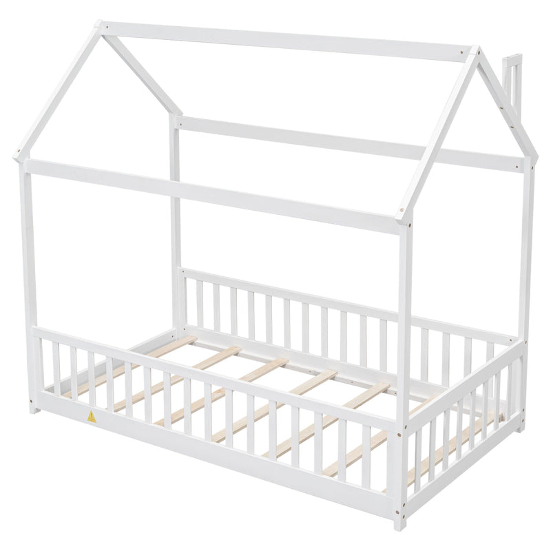 Twin House Bed with Guardrails, Slats ,White - Supfirm