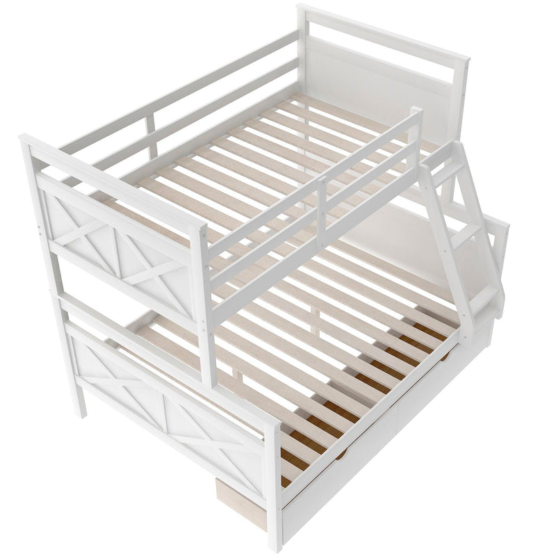 Twin over Full Bunk Bed with Ladder, Two Storage Drawers, Safety Guardrail, White - Supfirm