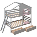 Twin over Twin Bunk Bed with 2 Drawers, 1 Storage Box, 1 Shelf, Window and Roof-Gray(OLD SKU:LT000608AAE) - Supfirm