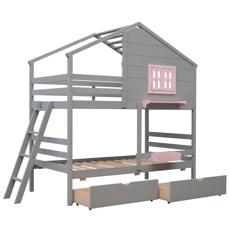 Twin over Twin Bunk Bed with 2 Drawers, 1 Storage Box, 1 Shelf, Window and Roof-Gray(OLD SKU:LT000608AAE) - Supfirm