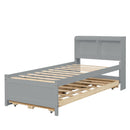 Twin Size Bed with built-in USB ,Type-C Ports, LED light, Bookcase Headboard, Trundle and 3 Storage Drawers, Twin Size Bed with Bookcase Headboard, Trundle and Storage drawers ,Grey - Supfirm