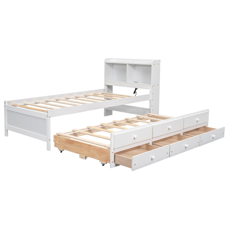 Twin Size Bed with built-in USB ,Type-C Ports, LED light, Bookcase Headboard, Trundle and 3 Storage Drawers, Twin Size Bed with Bookcase Headboard, Trundle and Storage drawers ,White - Supfirm