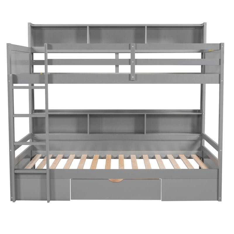 Twin Size Bunk Bed with Built-in Shelves Beside both Upper and Down Bed and Storage Drawer,Gray - Supfirm