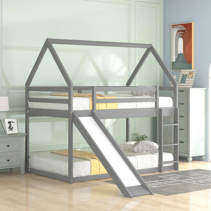 Twin Size Bunk House Bed with Slide and Ladder,Gray - Supfirm