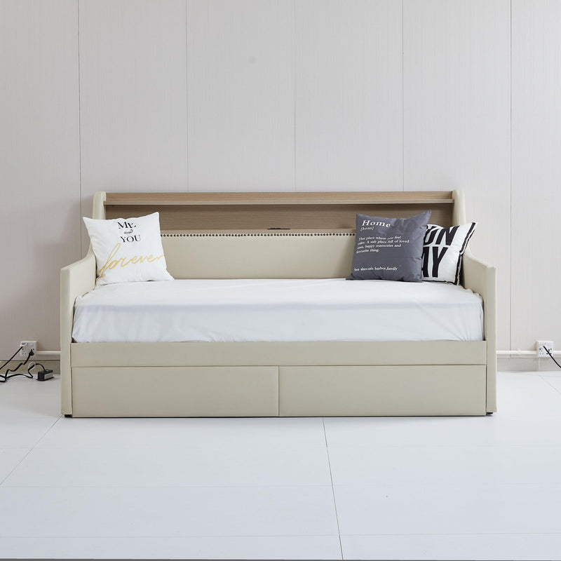 Twin Size Daybed with Storage Drawers, Upholstered Daybed with Charging Station and LED Lights, Beige (Expect arrive date: December 30th.) - Supfirm
