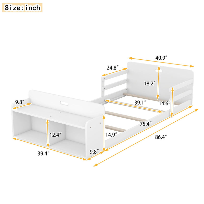 Twin Size Floor Bed with Storage Footboard and Guardrail, White - Supfirm