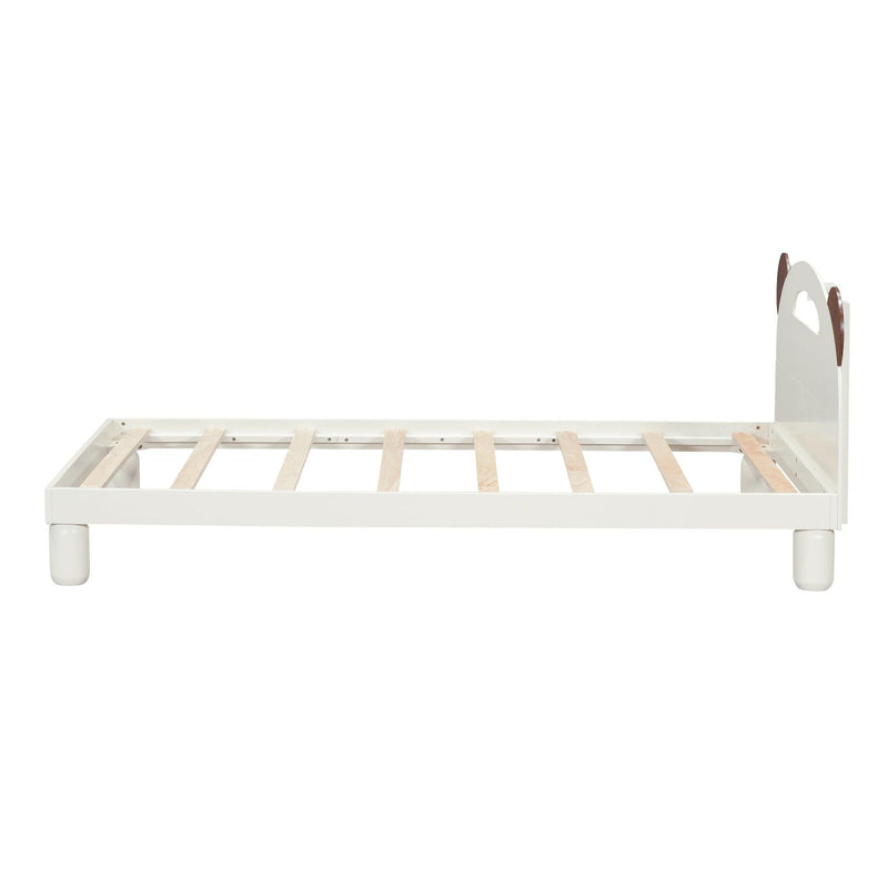 Twin Size Platform Bed with Bear Ears Shaped Headboard and LED, Cream White - Supfirm