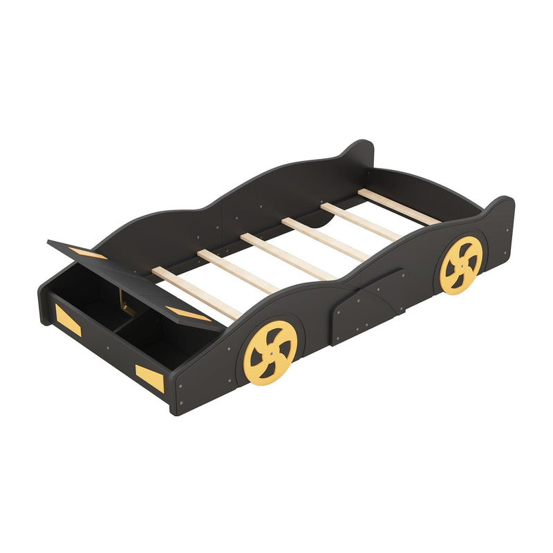 Twin Size Race Car-Shaped Platform Bed with Wheels and Storage, Black+Yellow - Supfirm