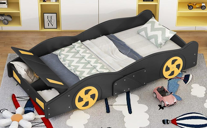 Twin Size Race Car-Shaped Platform Bed with Wheels and Storage, Black+Yellow - Supfirm