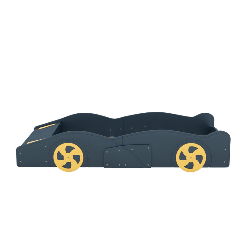 Twin Size Race Car-Shaped Platform Bed with Wheels and Storage, Dark Blue+Yellow - Supfirm