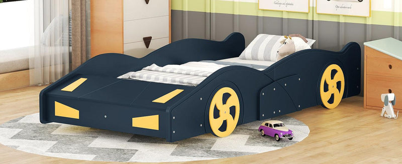 Twin Size Race Car-Shaped Platform Bed with Wheels and Storage, Dark Blue+Yellow - Supfirm
