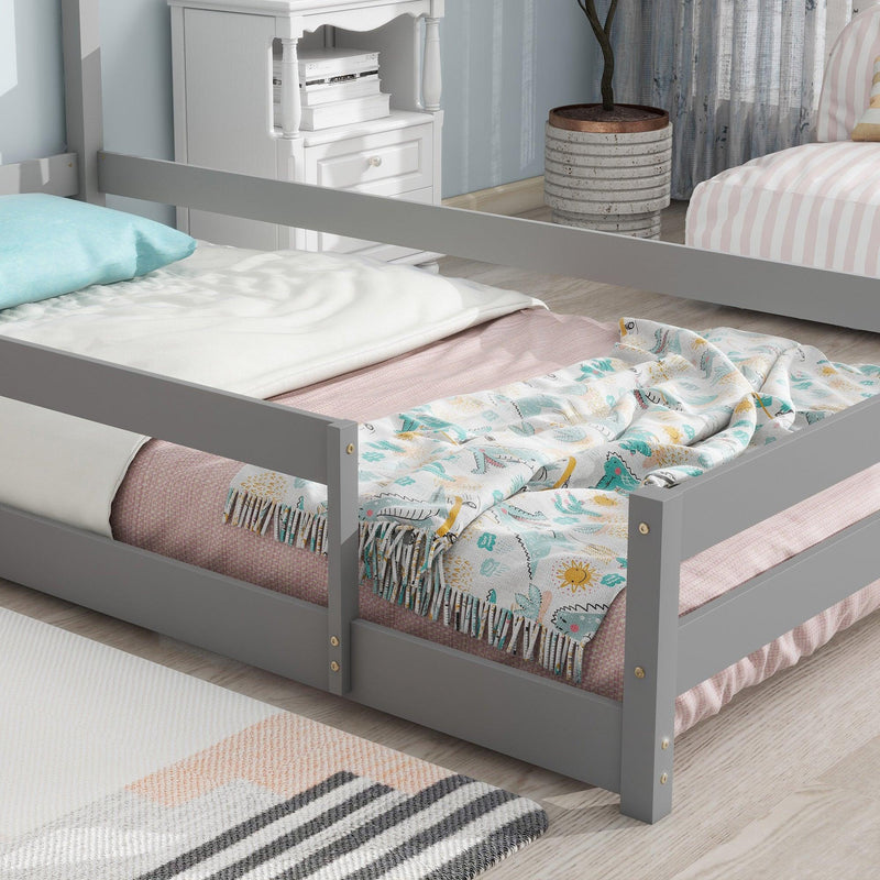 Twin Size Wood bed with House-shaped Headboard Floor bed with Fences,Grey - Supfirm