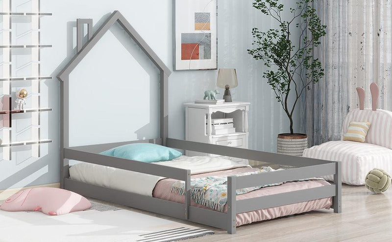 Twin Size Wood bed with House-shaped Headboard Floor bed with Fences,Grey - Supfirm