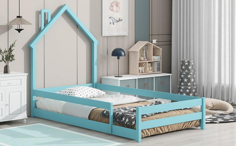 Twin Size Wood bed with House-shaped Headboard Floor bed with Fences,Light Blue - Supfirm
