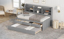 Twin Size Wooden Captain Bed with Built-in Bookshelves,Three Storage Drawers and Trundle,Light Grey - Supfirm