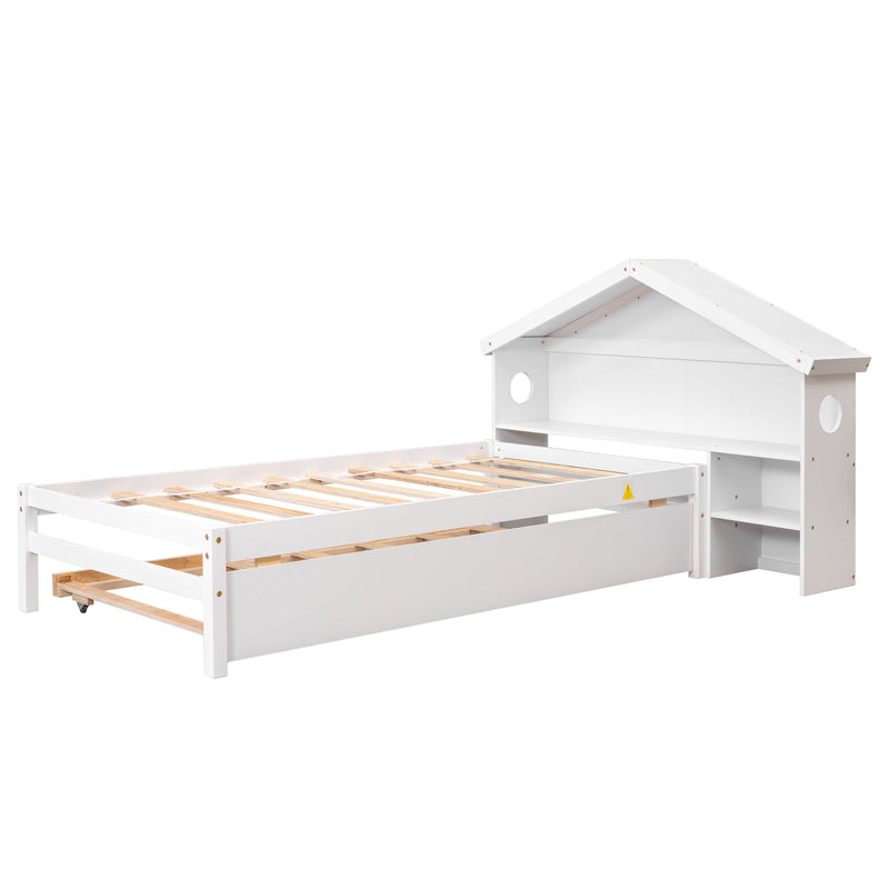Twin Storage House Bed for kids with Bedside Table, Trundle, White - Supfirm