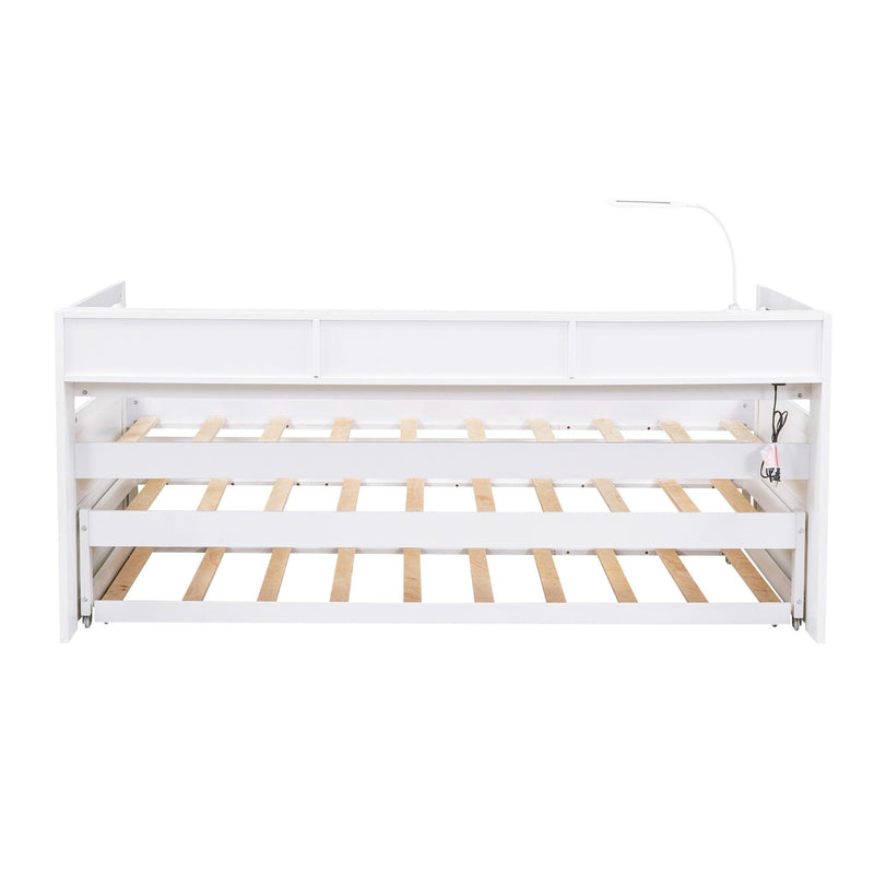 Twin XL Wood Daybed with 2 Trundles, 3 Storage Cubbies, 1 Light for Free and USB Charging Design, White - Supfirm