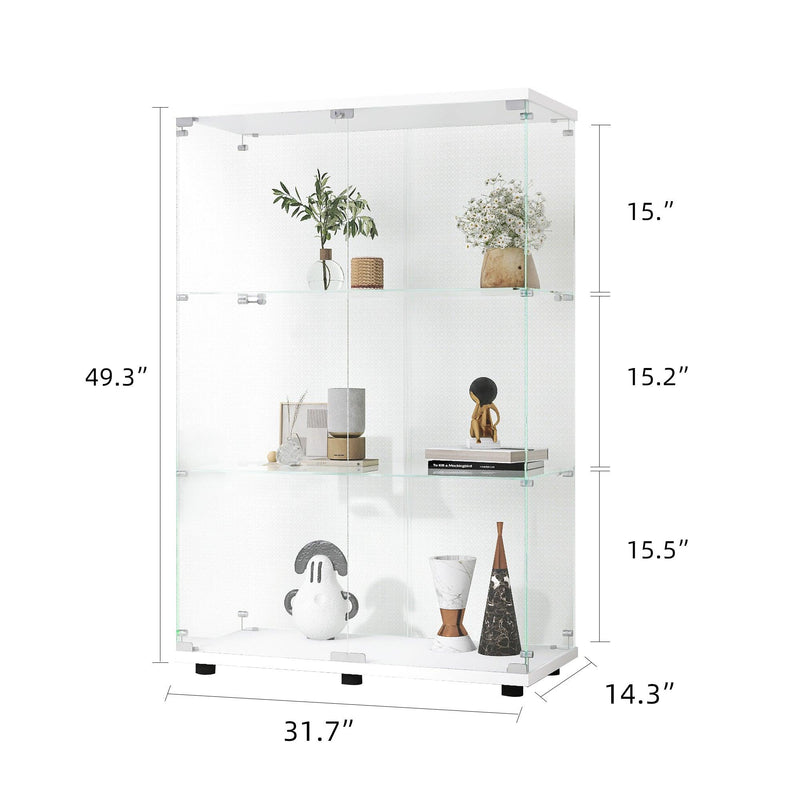 Two-door Glass Display Cabinet 3 Shelves with Door, Floor Standing Curio Bookshelf for Living Room Bedroom Office, 49.3"*31.7"*14.3", White - Supfirm