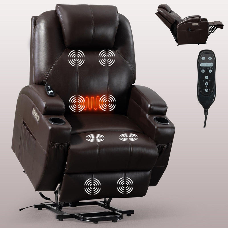 Up to 350lbs Okin Motor Power Lift Recliner Chair for Elderly, Heavy Duty Motion Mechanism with 8-Point Vibration Massage and Lumbar Heating, Two Cup Holders and USB Charge Port, Brown - Supfirm