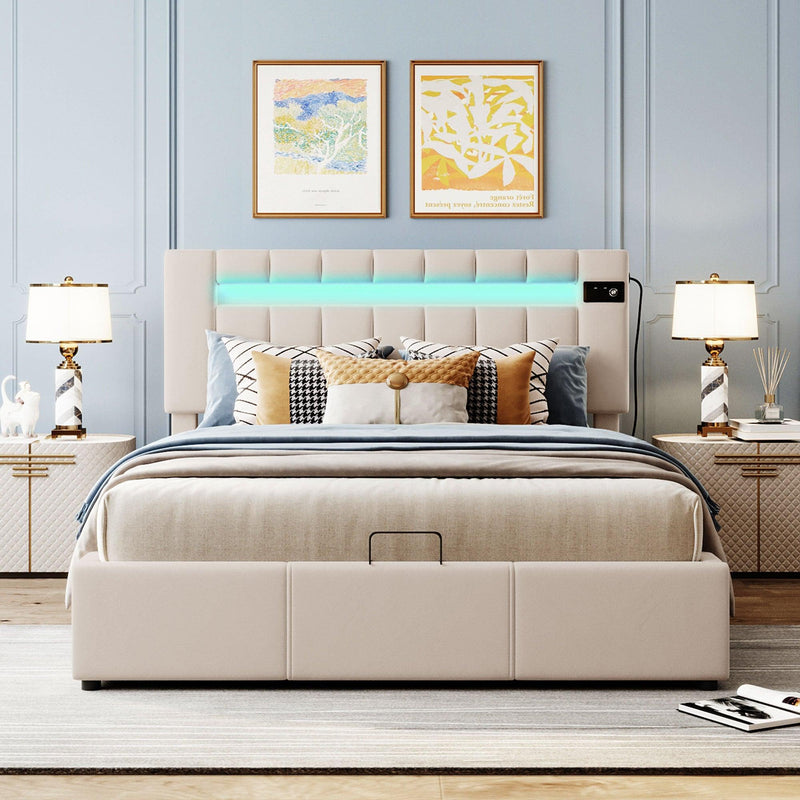 Upholstered Bed Queen Size with LED light, Bluetooth Player and USB Charging, Hydraulic Storage Bed in Beige Velvet Fabric - Supfirm