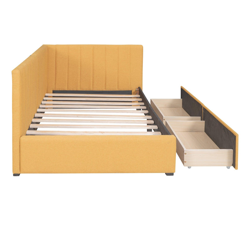 Upholstered Daybed with 2 Storage Drawers Twin Size Sofa Bed Frame No Box Spring Needed, Linen Fabric (Yellow) - Supfirm