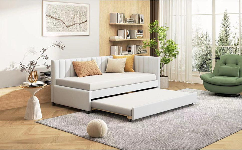 Upholstered Daybed with Trundle Twin Size Sofa Bed Frame No Box Spring Needed, Linen Fabric(Beige) - Supfirm