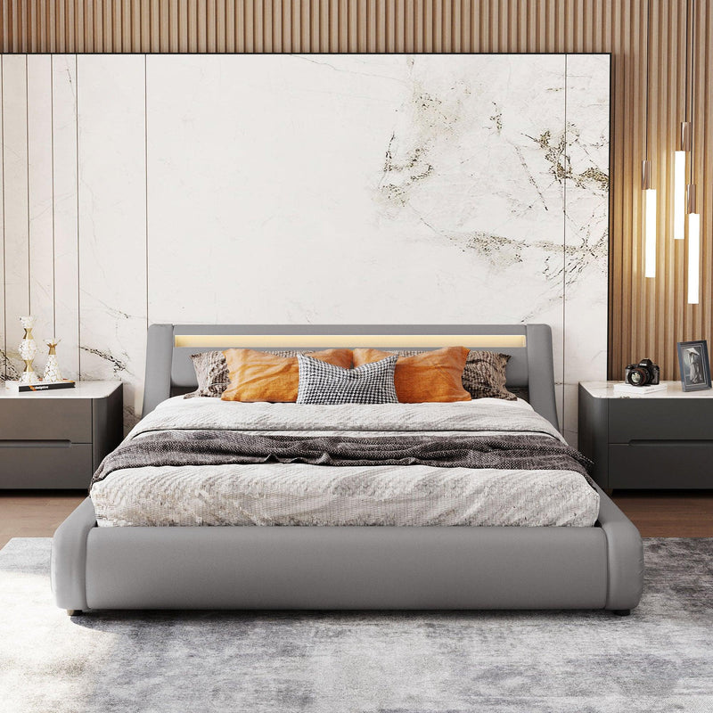 Upholstered Faux Leather Platform bed with a Hydraulic Storage System with LED Light Headboard Bed Frame with Slatted Queen Size - Supfirm