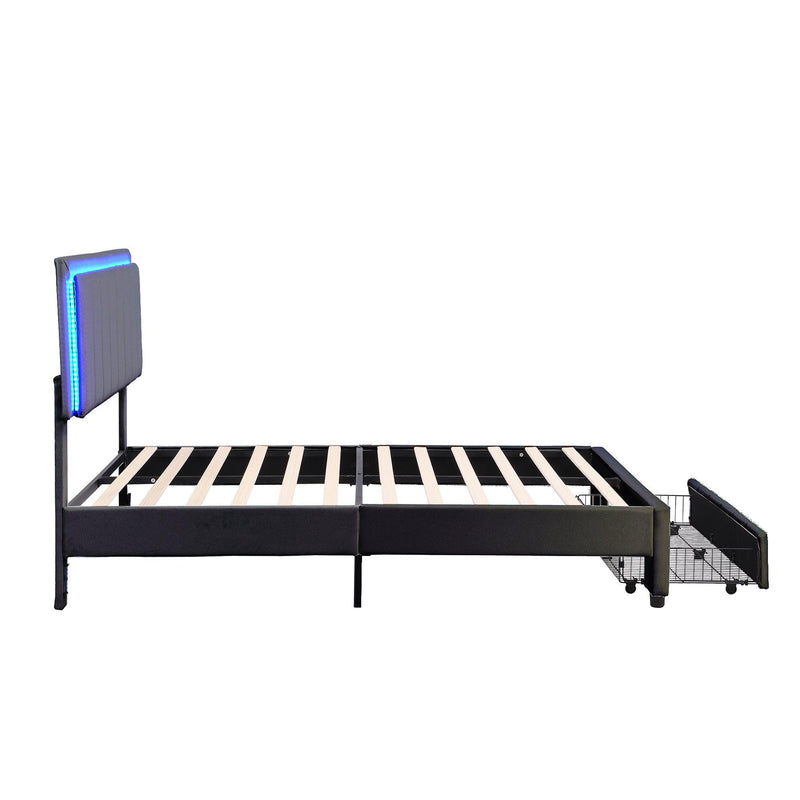 Upholstered Platform Bed with LED Lights and Two Motion Activated Night Lights,Queen Size Storage Bed with Drawer, Black - Supfirm