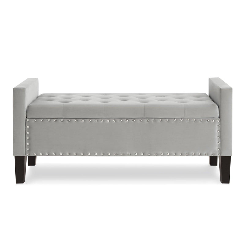 Upholstered Tufted Button Storage Bench with nails trim,Entryway Living Room Soft Padded Seat with Armrest,Bed Bench-Gray - Supfirm