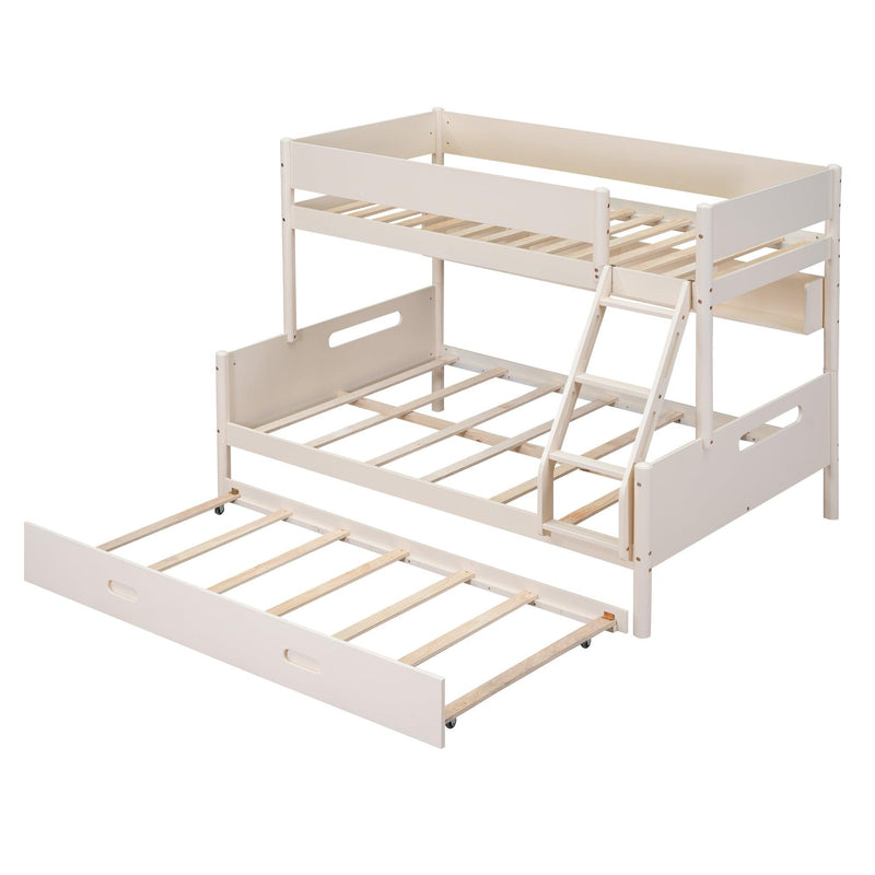 Wood Twin over Full Bunk Bed with Storage Shelves and Twin Size Trundle, Cream - Supfirm