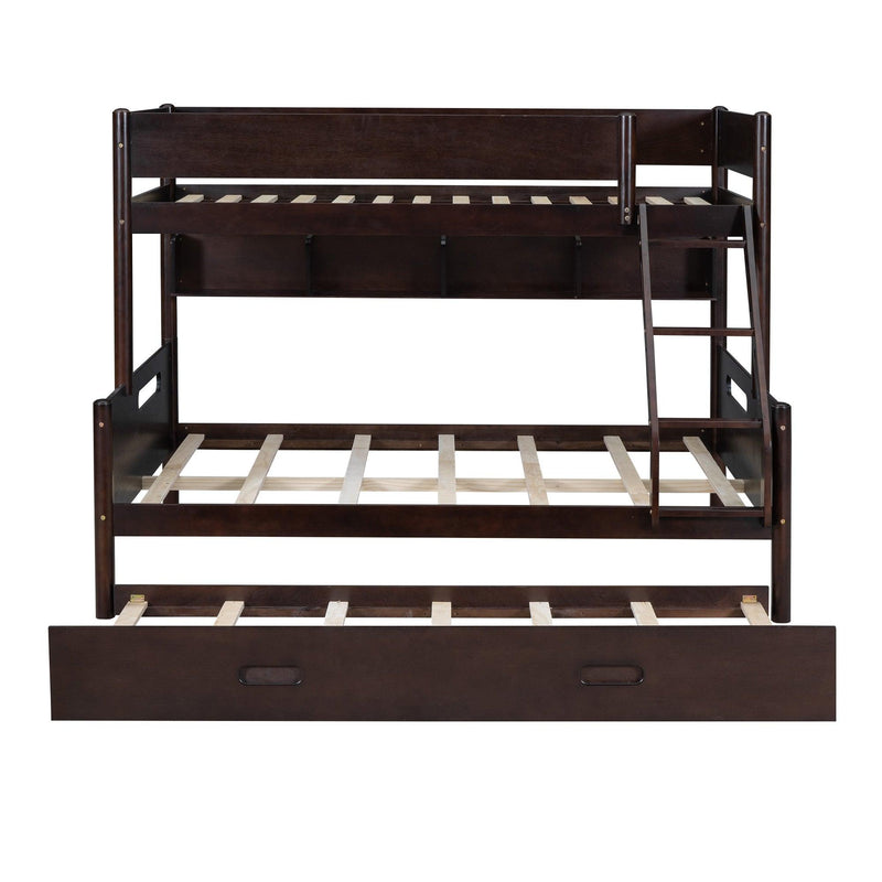 Wood Twin over Full Bunk Bed with Storage Shelves and Twin Size Trundle, Espresso - Supfirm