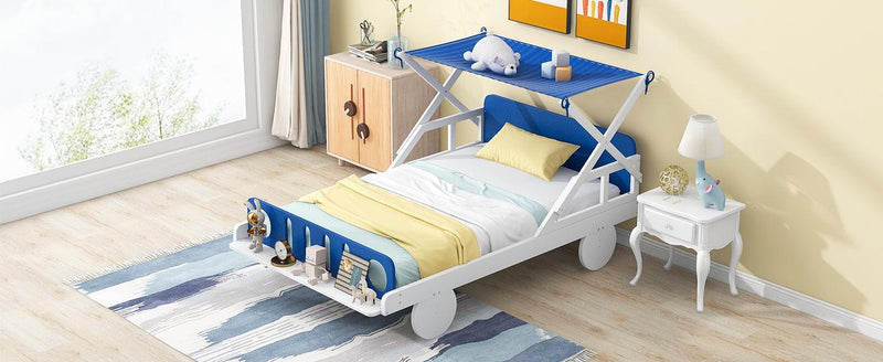 Wood Twin Size Car Bed with Ceiling Cloth, Headboard and Footboard, White+Blue - Supfirm