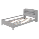 Wood Twin Size Platform Bed with Built-in LED Light, Storage Headboard and Guardrail, Antique Grey - Supfirm