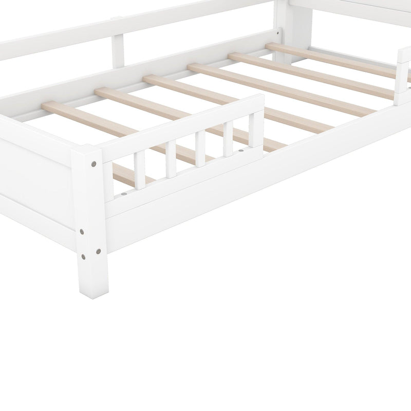 Wood Twin Size Platform Bed with Built-in LED Light, Storage Headboard and Guardrail, White - Supfirm