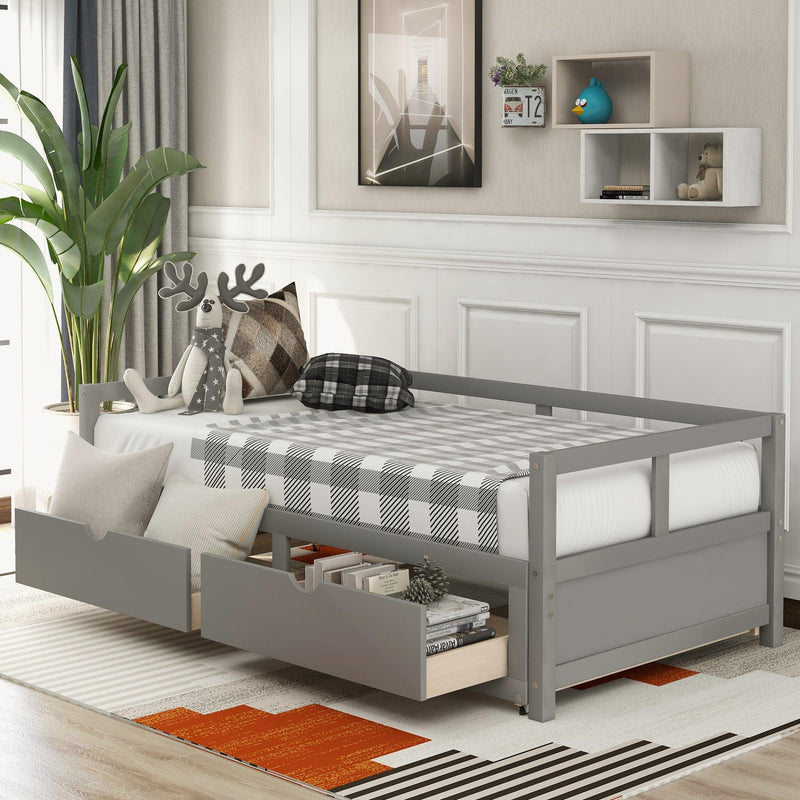 Wooden Daybed with Trundle Bed and Two Storage Drawers , Extendable Bed Daybed,Sofa Bed for Bedroom Living Room, Gray - Supfirm
