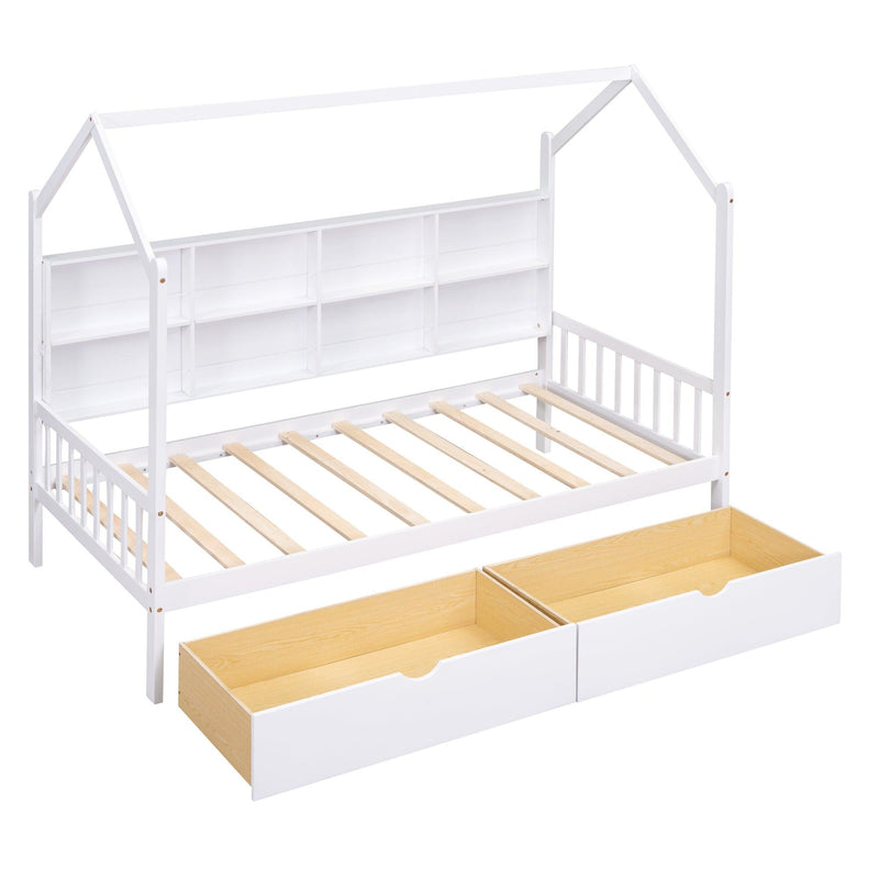 Wooden Twin Size House Bed with 2 Drawers,Kids Bed with Storage Shelf, White - Supfirm