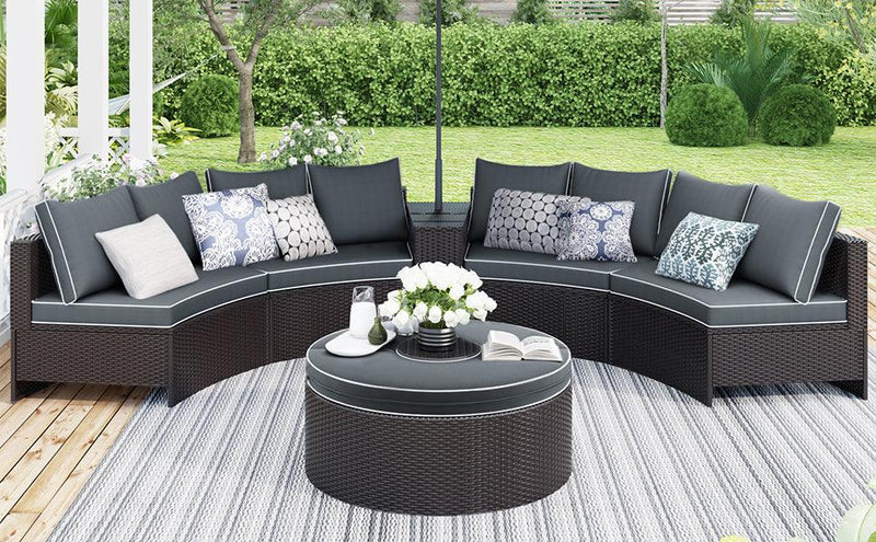 TOPMAX 6 Pieces Outdoor Sectional Half Round Patio Rattan Sofa Set, PE Wicker Conversation Furniture Set w/ One Storage Side Table for Umbrella and One Multifunctional Round Table, Brown+ Gray - Supfirm