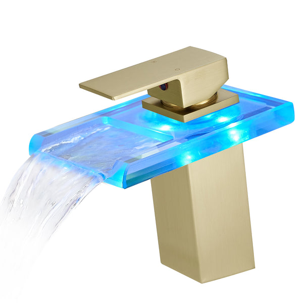 Supfirm Bathroom Sink Faucet LED Light 3 Colors Changing Waterfall Glass Spout Hot Cold Water Mixer Single Handle One Hole Deck Mounted Bathroom Faucet Black Lavatory Vanity Basin Bath Plumbing Fixtures