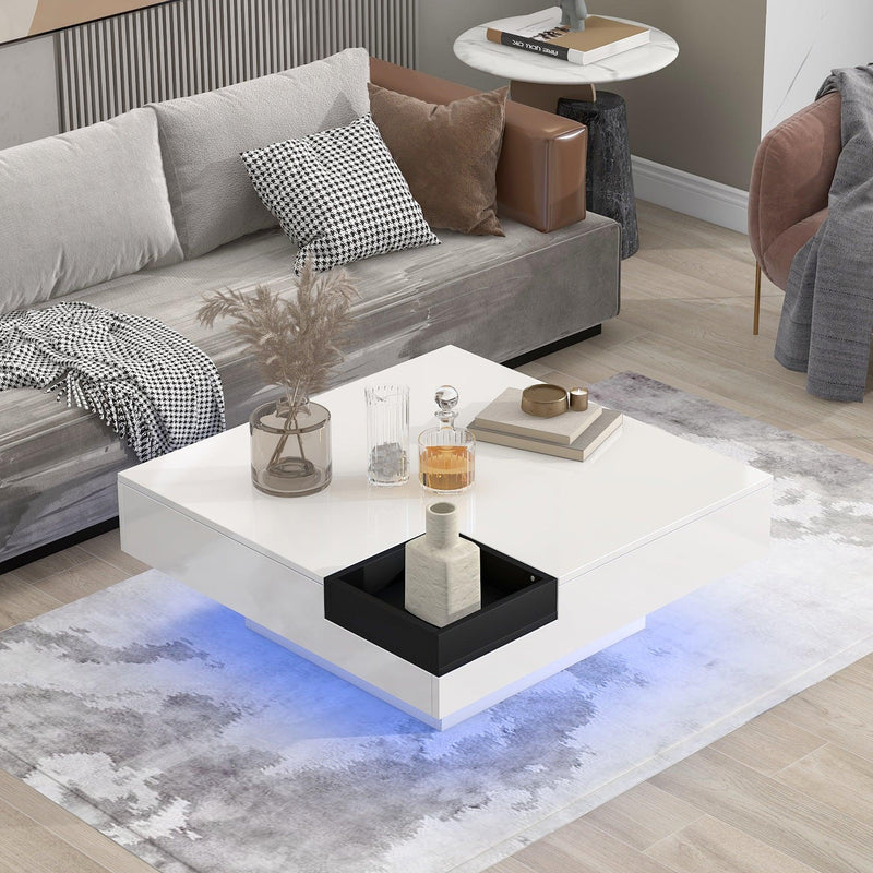 Supfirm Modern Minimalist Design 31.5*31.5in Square Coffee Table with Detachable Tray and Plug-in 16-color LED Strip Lights Remote Control for Living Room
