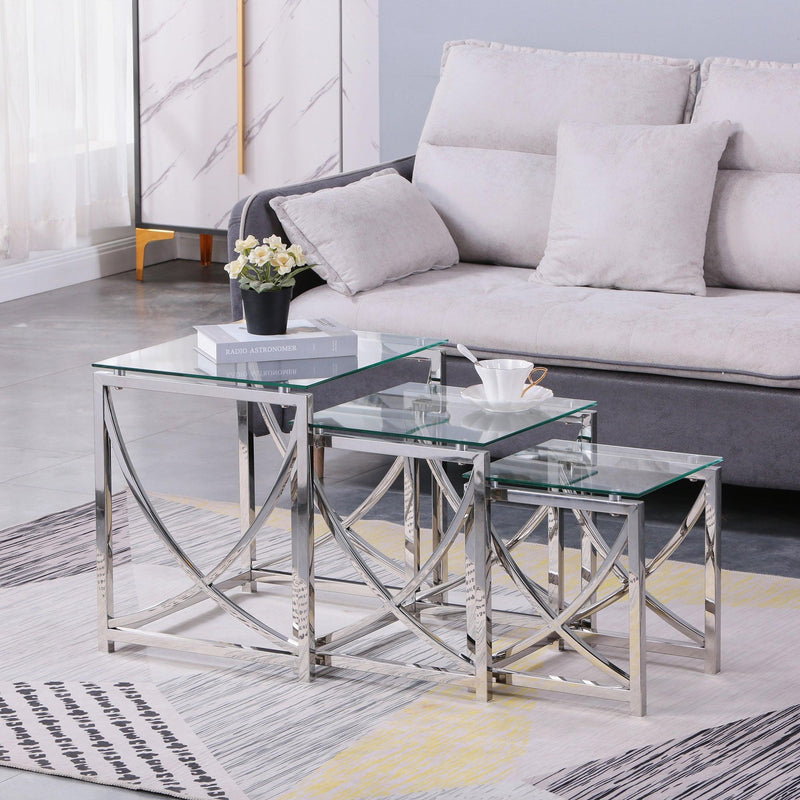 Supfirm 3 Pieces Silver Square Nesting Glass End Tables- Small Coffee Table Set- Stainless Steel Small Coffee Tables with Clear Tempered Glass- 18" Modern Minimalist Side Table for Living Room (Curve)