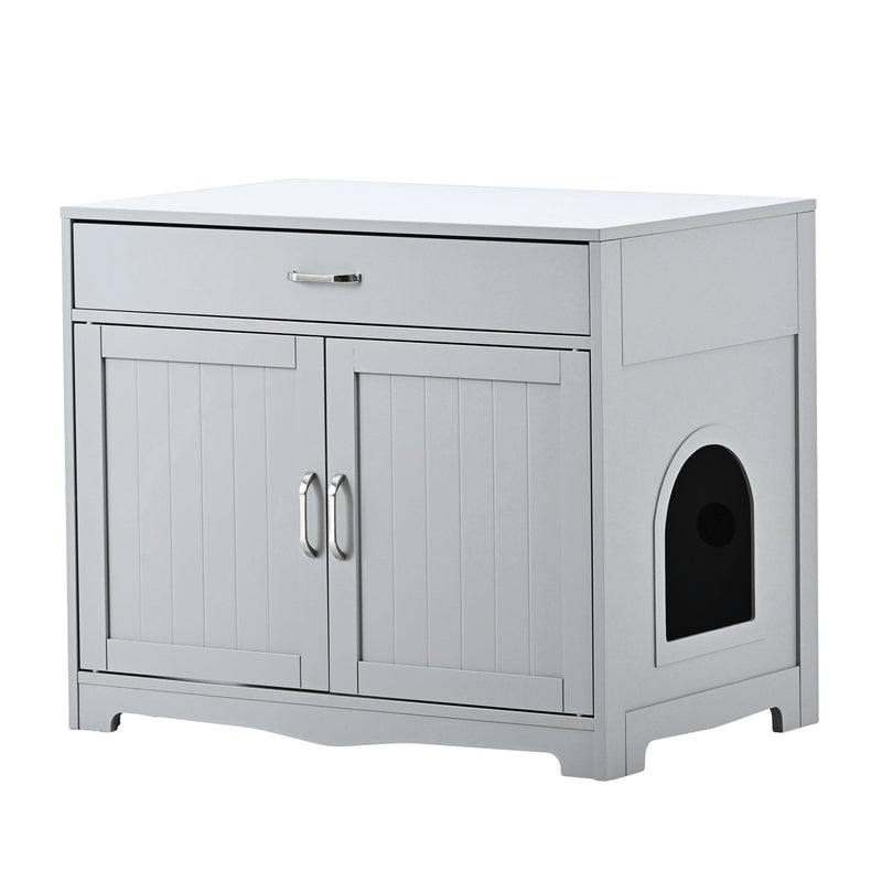 Supfirm Litter Box Enclosure, Cat Litter Box Furniture with Hidden Plug, 2 Doors,Indoor Cat Washroom Storage Bench Side Table Cat House, Large Wooden Enclused Litter Box House, Grey